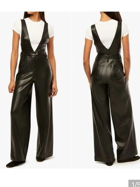 WeWoreWhat Overall In Black Faux Leather Deep V Flare Jumpsuit Stretch